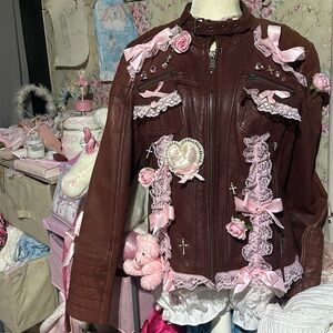 Biker baby🎀, ooak leather jacket burgundy pink bows coquette